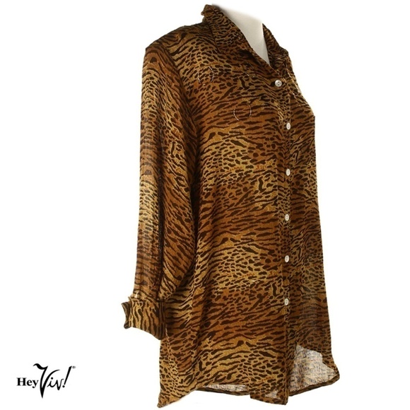 Vintage 90s Tiger Print Rayon Button Up Blouse Shirt w Tags Large B44 - Hey Viv - Picture 2 of 5